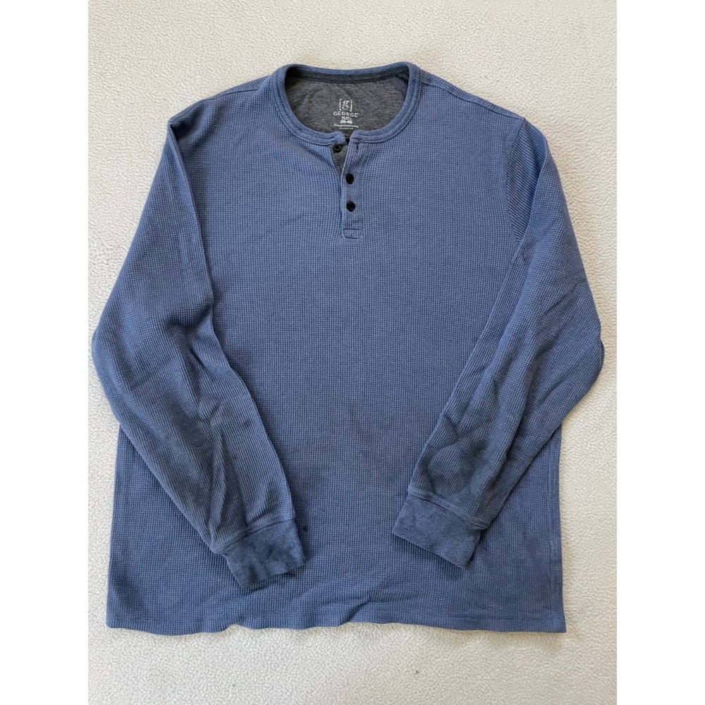 Thrashed George Mens Extra Large Henley Top Blue Waffle Knit Thermal Long Sleeve